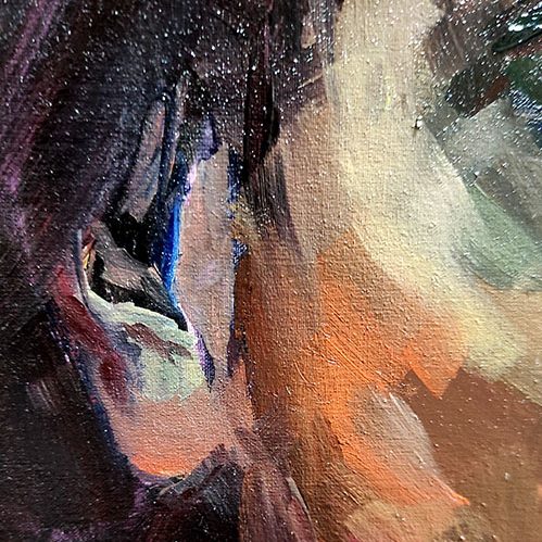 Detalle cuadro al óleo, retrato pintado en curso